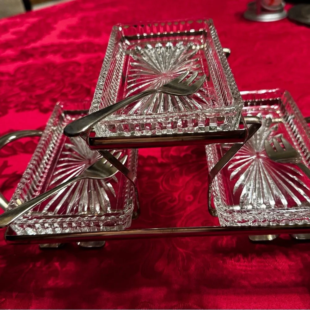Vintage 1970 Silver platted and Clear Glass relish serving set .